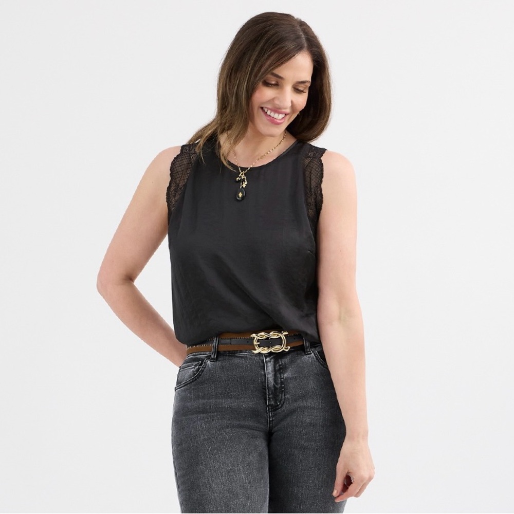 NEW Cabi 4737 BLACK LACE SLEEVELESS TANK Veil Top Size L